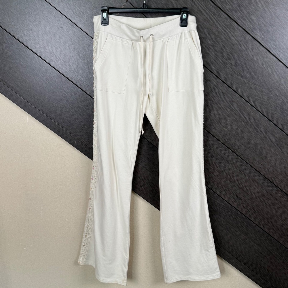 Candie's Y2K Lace Sequin Flare Lounge Pants Large Ivory Coquette RARE McBling